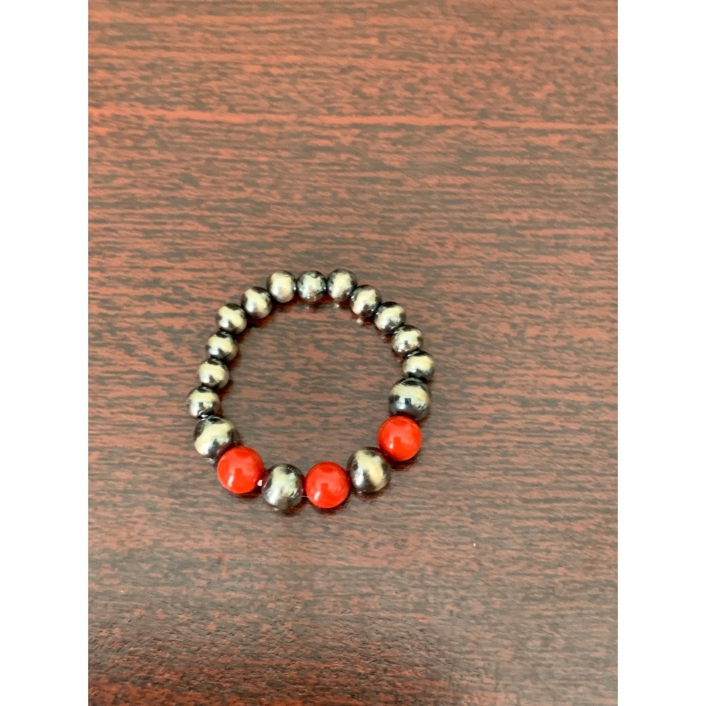 925 Sterling Silver Red Coral Desert Pearl Beaded Stretch Ring Adjustable Boho